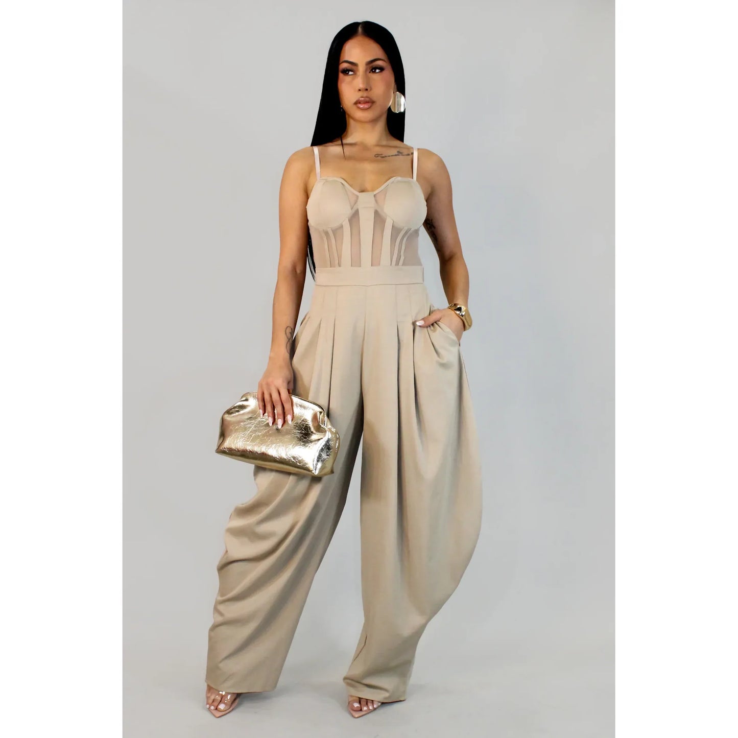 After Dark Luxe Jumpsuit Taupe -New Arrival