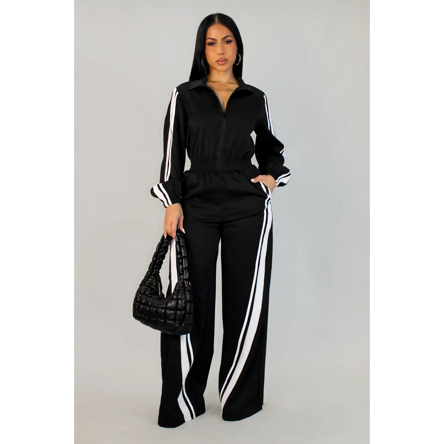 Runway Luxe Track Jumpsuit Black- New Arrival