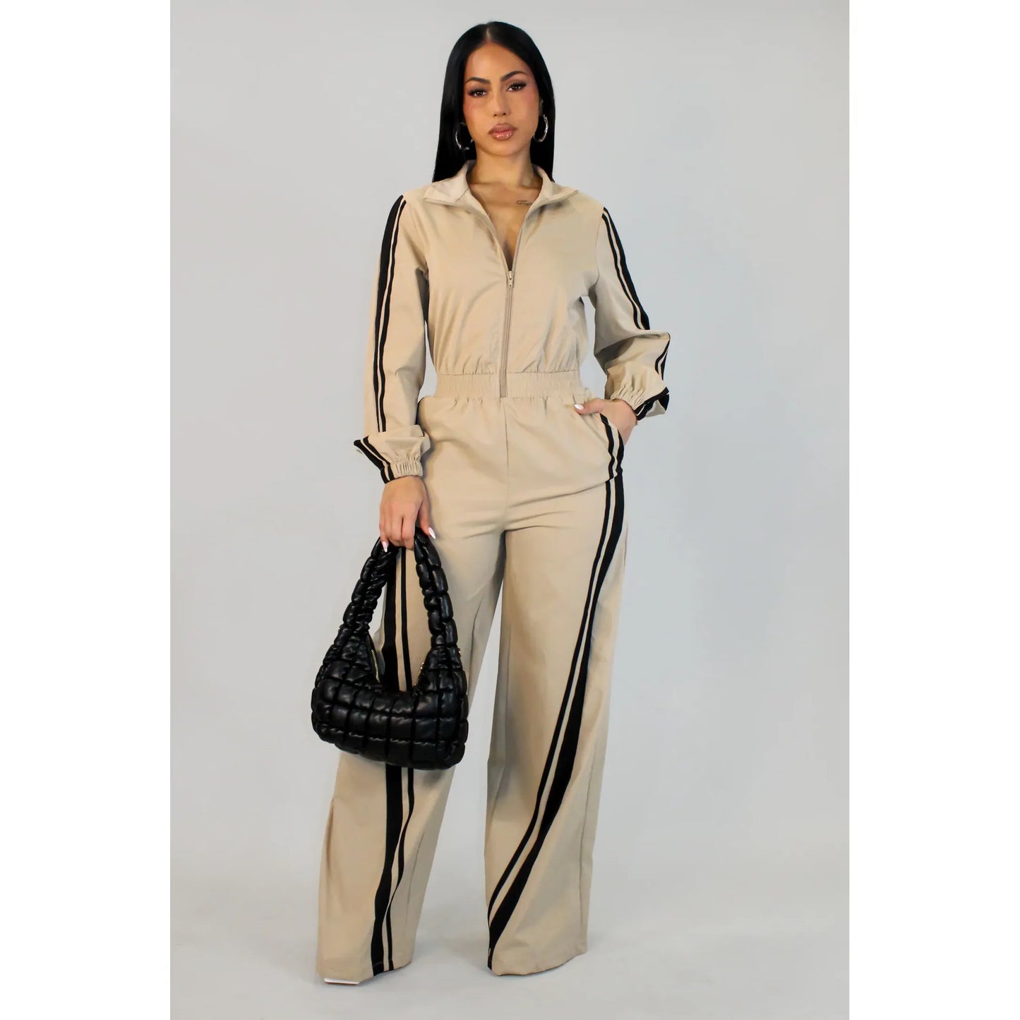 Runway Luxe Track Jumpsuit Beige- New Arrival